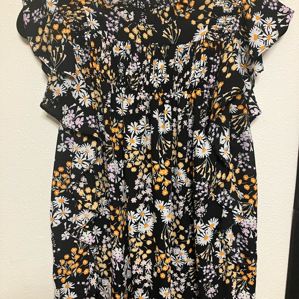 DOKOTOO Floral Black Blouse with White, Pink, & Orange Accents